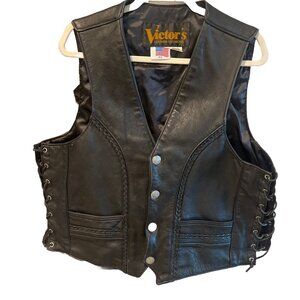 Victor’s Men Sz 48 XXL Black Motorcycle Black Leather  Vest Lace  Buffalo Snaps